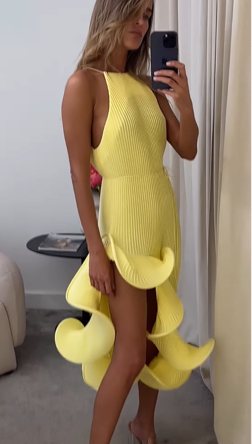 Solid Color Sleeveless Waist Tie Irregular Ruffle Slim Midi Dress | Consonak