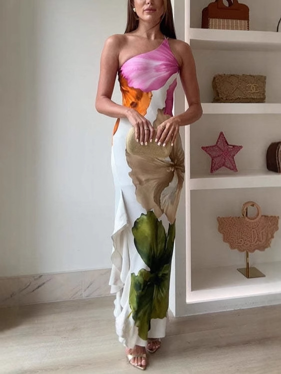 Ladies' Fashion Design Flower Printed Elegant Single Shoulder Side Ruffle Long Dress-consonak