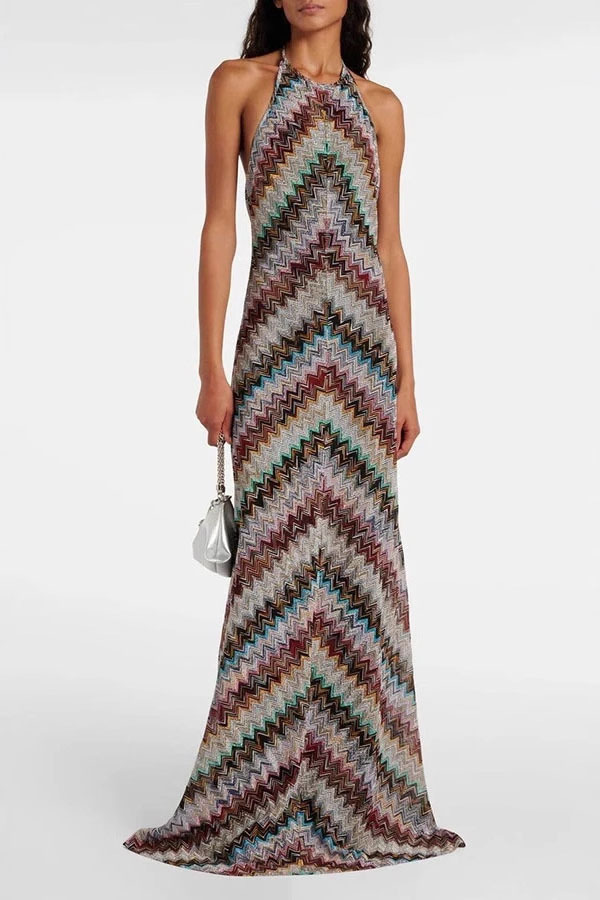 Jodie Knit Colorful Herringbone Print Halter Open Back Maxi Dress-consonak