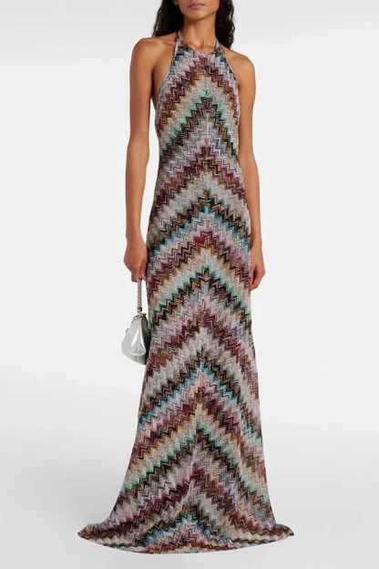 Jodie Knit Colorful Herringbone Print Halter Open Back Maxi Dress-consonak