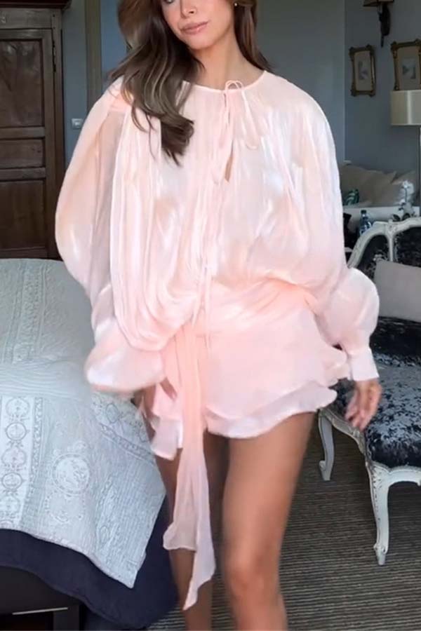 Ninah Glitter Fabric Pleated Balloon Sleeve Tiered Ruffle Hem Mini Dress-consonak