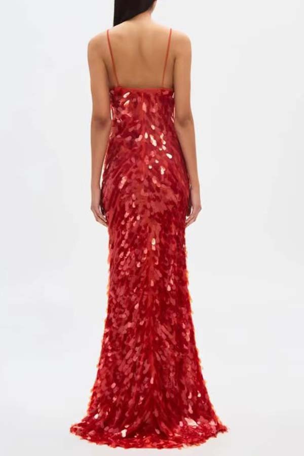 Reshape Beauty Fish Scale Sequin Cutout U-neck Slip Maxi Dress