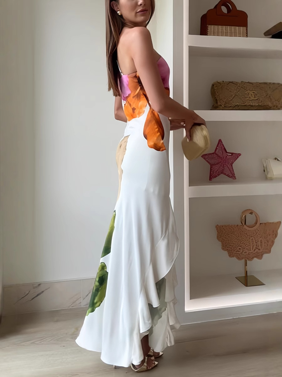 Ladies' Fashion Design Flower Printed Elegant Single Shoulder Side Ruffle Long Dress | Consonak