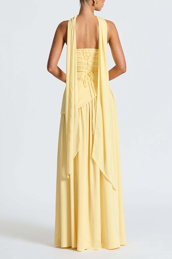 Elegant Off Shopulder Chiffon Pleated Hem Scarf Slit Maxi Dress