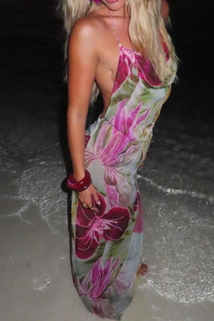 Floral Print Sexy Backless Slit See-Through Holiday Maxi Dress-consonak