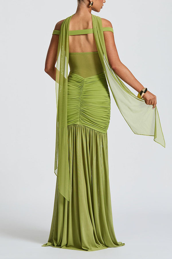 Raise The Level Mesh Off Shoulder Ruched Scarf Stretch Maxi Dress-consonak