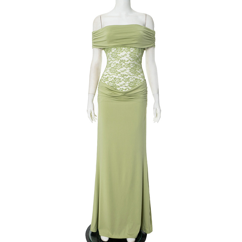 Women's Spring/Summer New Solid Color Off Shoulder Splicing Lace Extra Long Slimming Dress-consonak