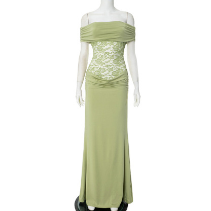 Women's Spring/Summer New Solid Color Off Shoulder Splicing Lace Extra Long Slimming Dress-consonak