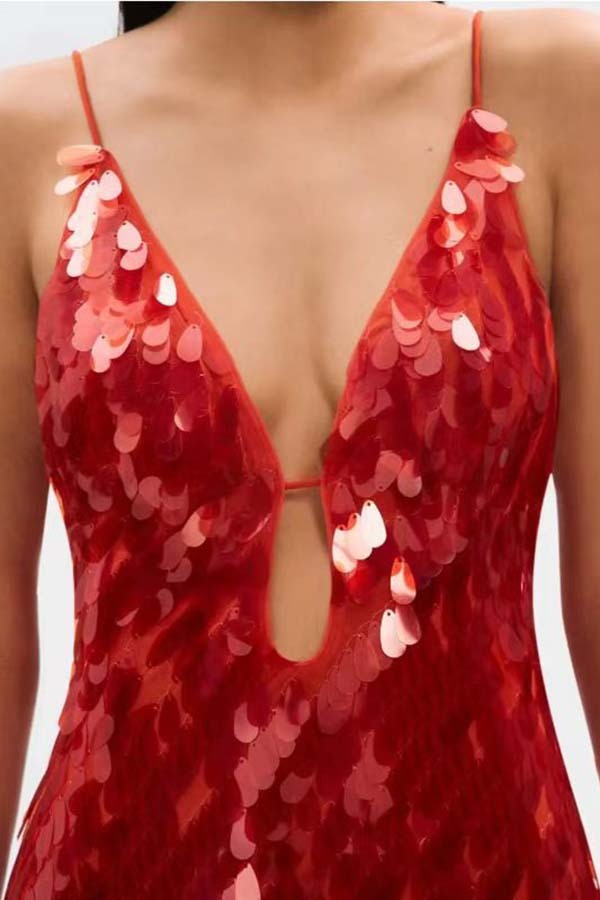 Reshape Beauty Fish Scale Sequin Cutout U-neck Slip Maxi Dress