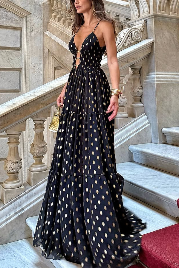 Party Charm polka dot black design chiffon gold polka dot print hollow out lightweight long skirt-consonak