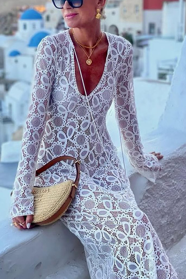 Women's Lace Lace White Lucky Flower Dress Long, Long Sleeve Sheer Tie INS Loose Holiday Split Dresses-consonak