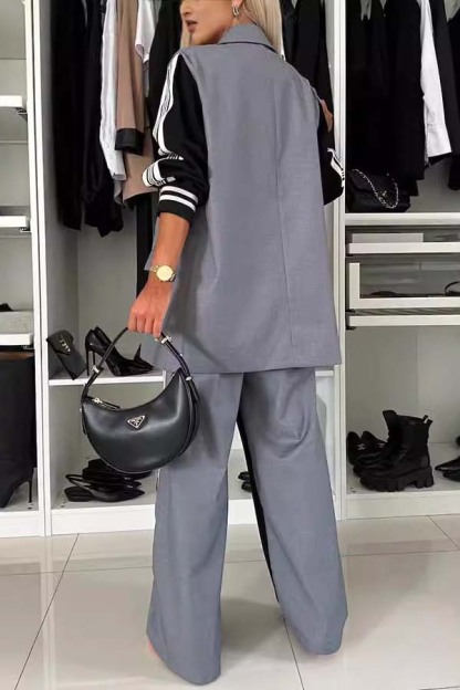 Consonak elegant double breasted autumn and winter women's loose long sleeved set fashionable color blocked straight leg pants set-consonak