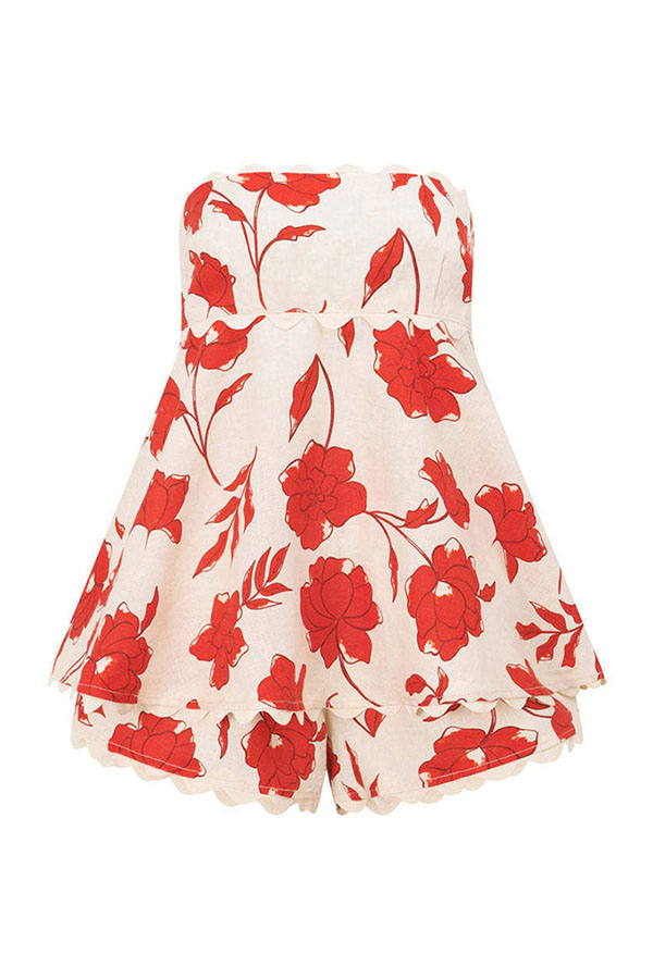 Rosella Linen Blend Floral Wave Trim Tube Top and Elastic Waist Loose Shorts Set-consonak