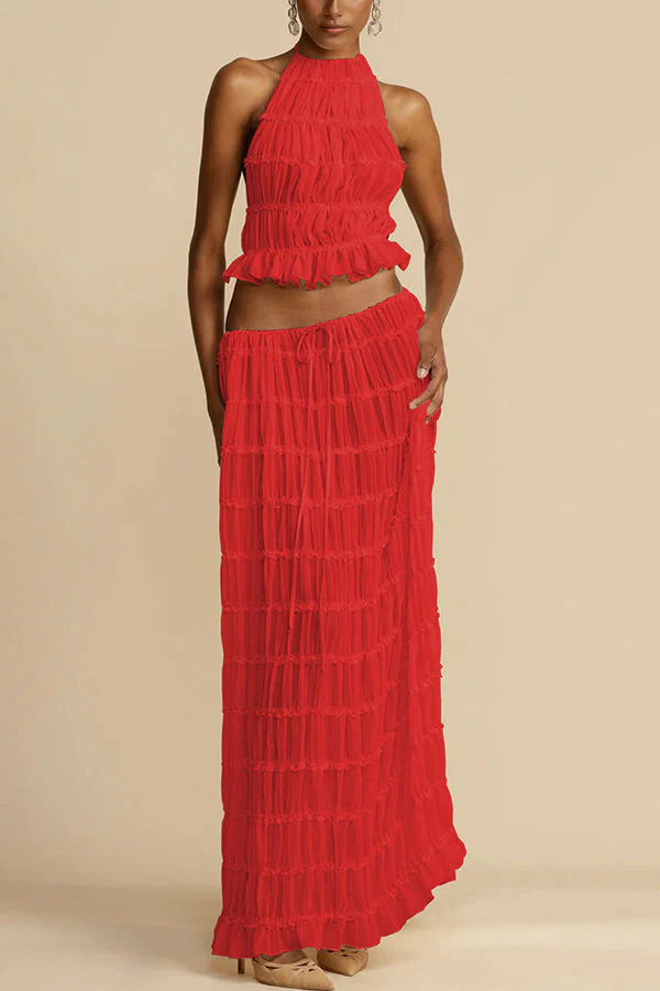 Versatility and Vintage Charm Pleated Drawstring Waist Tiered Maxi Skirt-consonak
