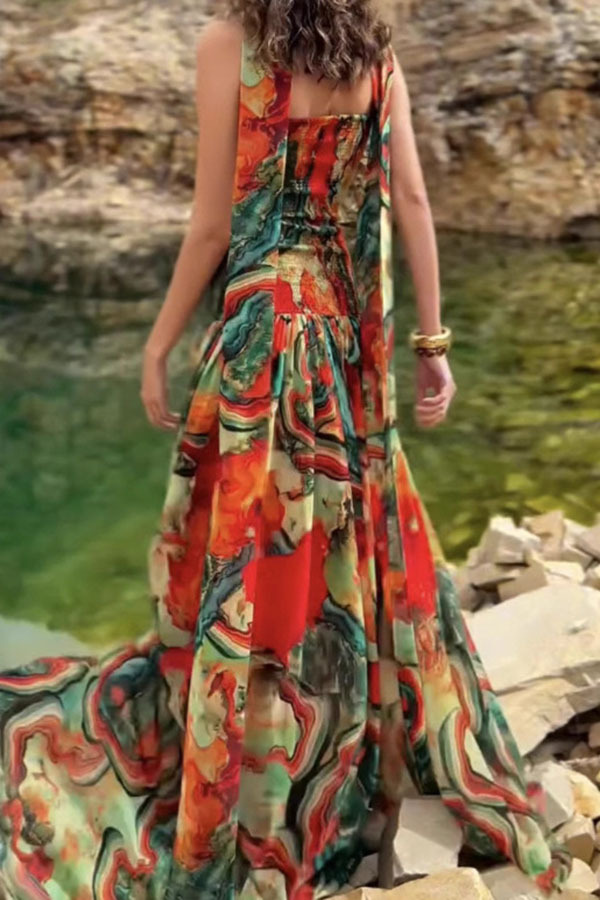 Vacay Vibes Colorful Lava Print Off Shoulder Smocked Scarf Maxi Dress-consonak