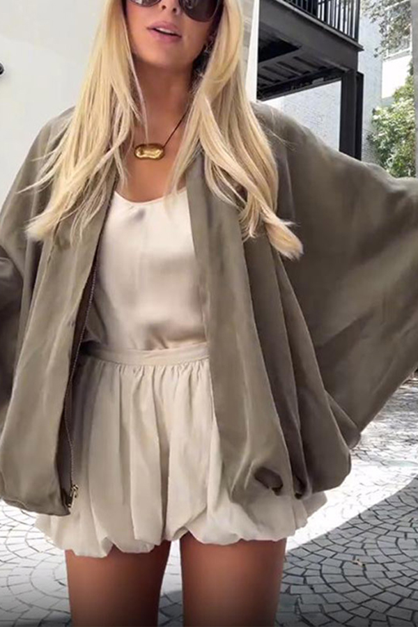 Fashion Lapel Loose Puff Long Sleeve Casual Zipper Jacket-consonak