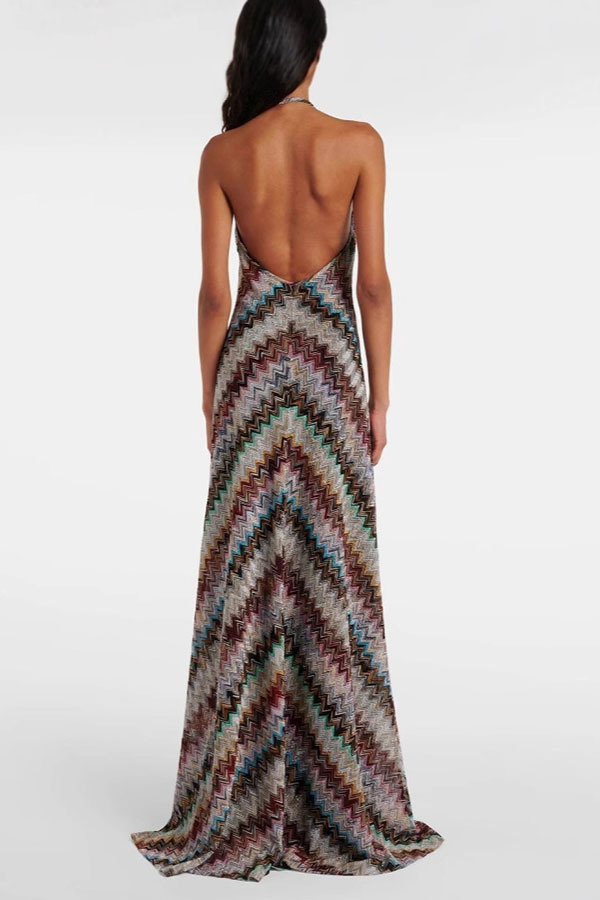 Jodie Knit Colorful Herringbone Print Halter Open Back Maxi Dress-consonak