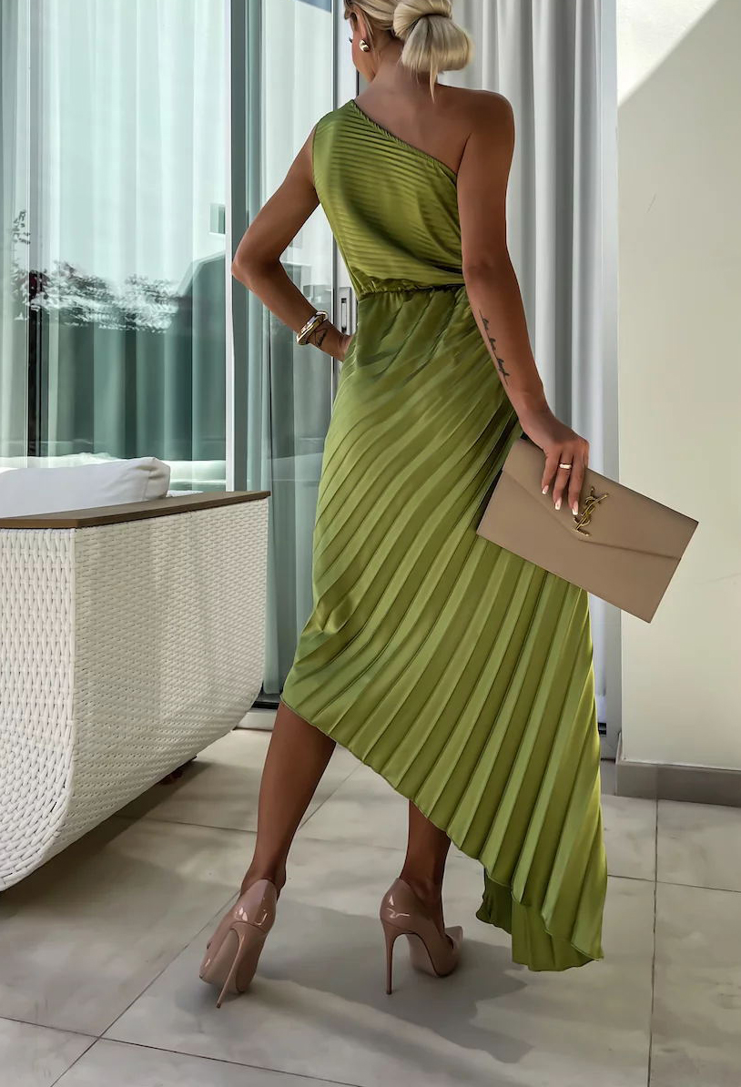 Romantic Nights Satin Raised Flower Elastic Cutout One Shoulder Pleated Maxi Dress-consonak