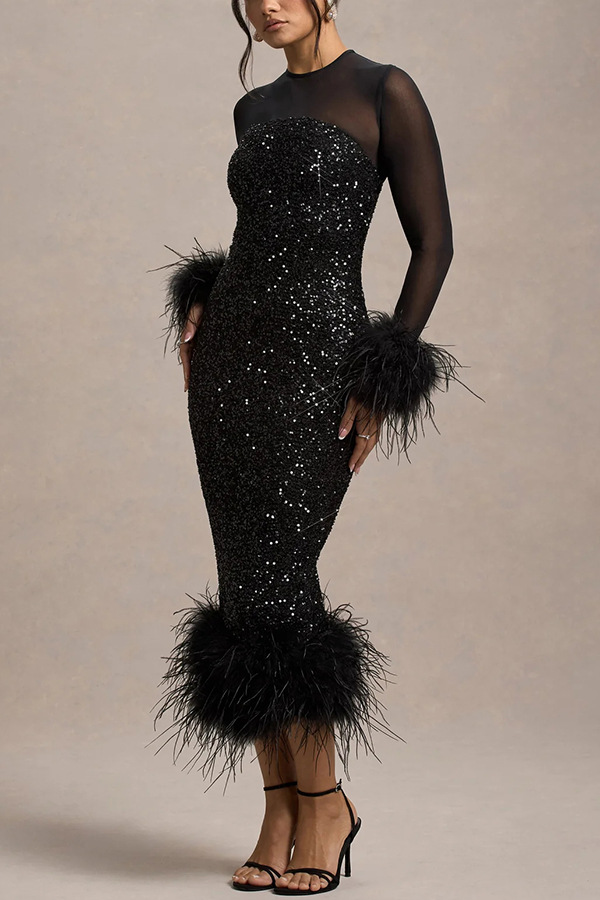 Glamor and Drama Mesh Sequin Patchwork Feather Trim Stretch Midi Dress-consonak