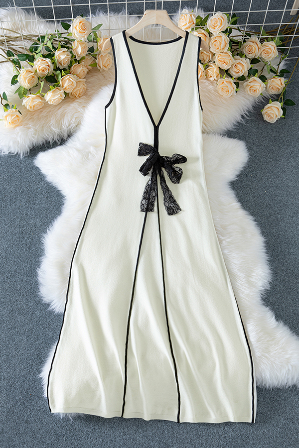 Boat Date Knit Contrast Self Tie Flowy Oversized Maxi Dress-consonak