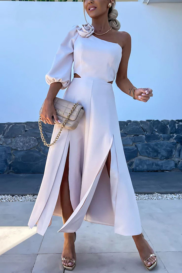 Women's spring and summer new flower oblique shoulder split double dress INS leisure party satin dress-consonak