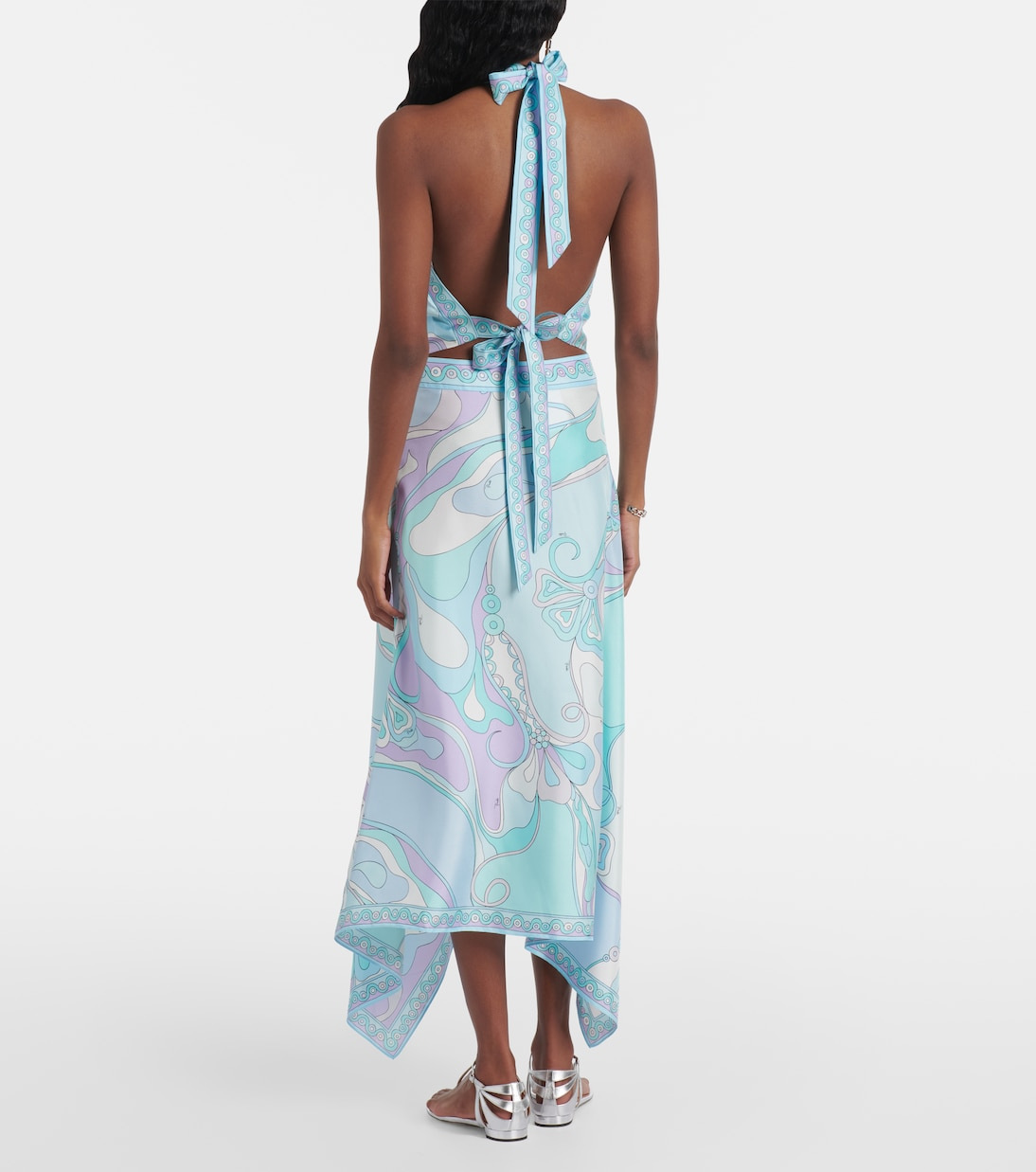 Satin Unique Print Halter Top and Irregular Midi Skirt Set-consonak
