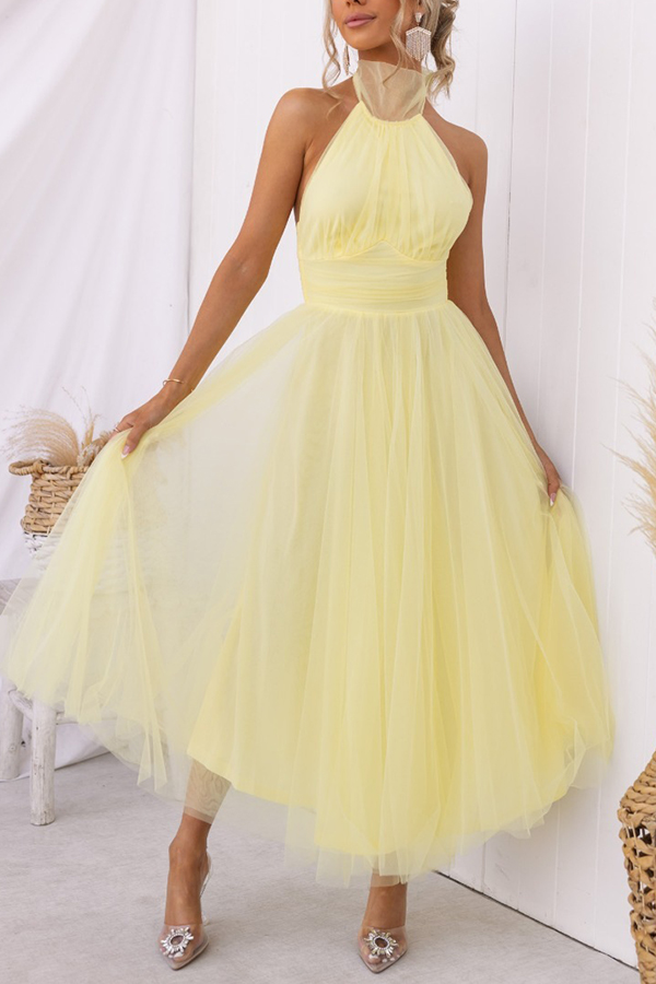 Fairy Vibes Tulle Gathered Detail Halter Maxi Dress-consonak
