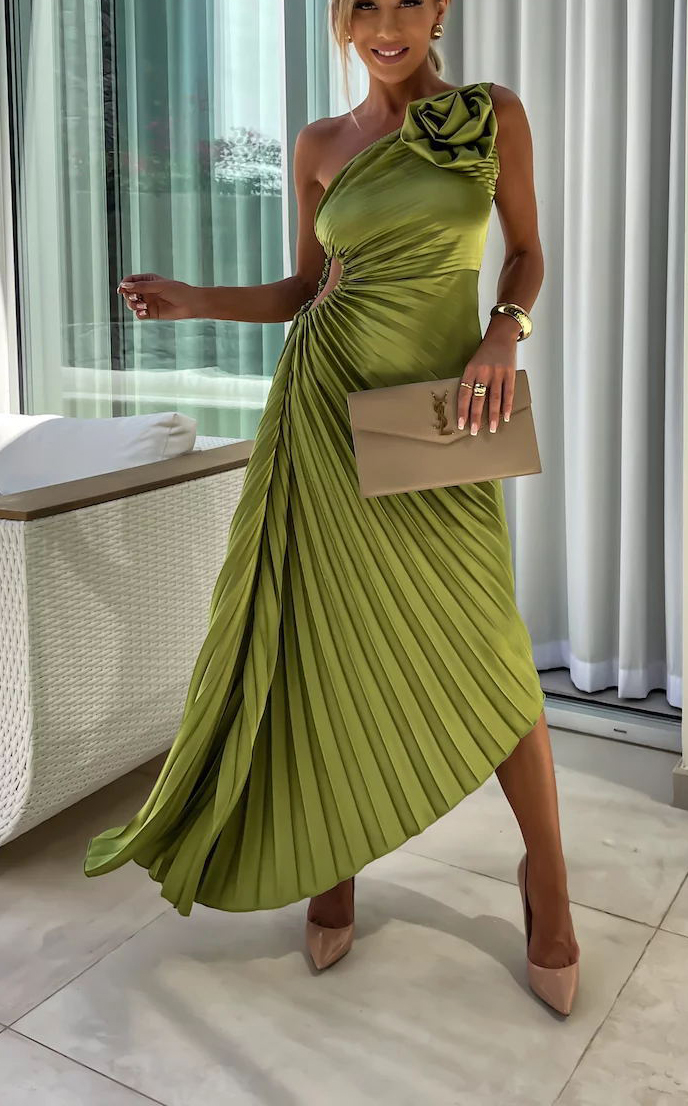 Romantic Nights Satin Raised Flower Elastic Cutout One Shoulder Pleated Maxi Dress-consonak