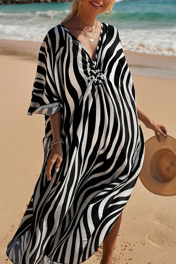 Simple Unique Printed Pleated Front Slit Cover Up-consonak