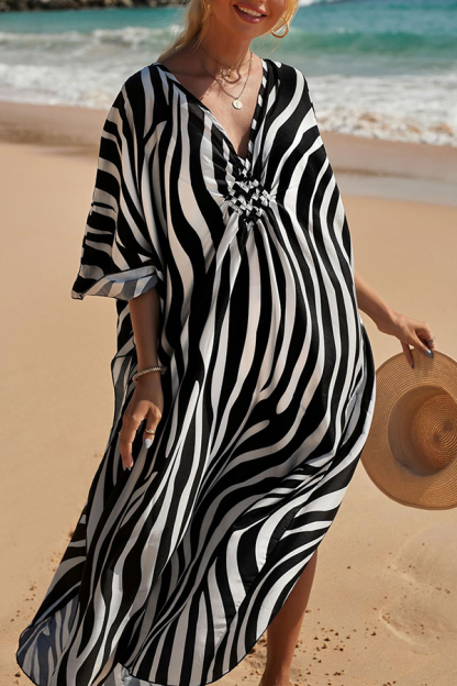 Simple Unique Printed Pleated Front Slit Cover Up-consonak