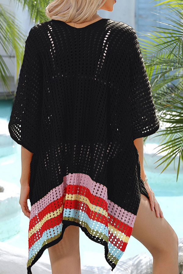 Color Block V Neck Slit Hollow Short Sleeved Knitted Cover Up-consonak