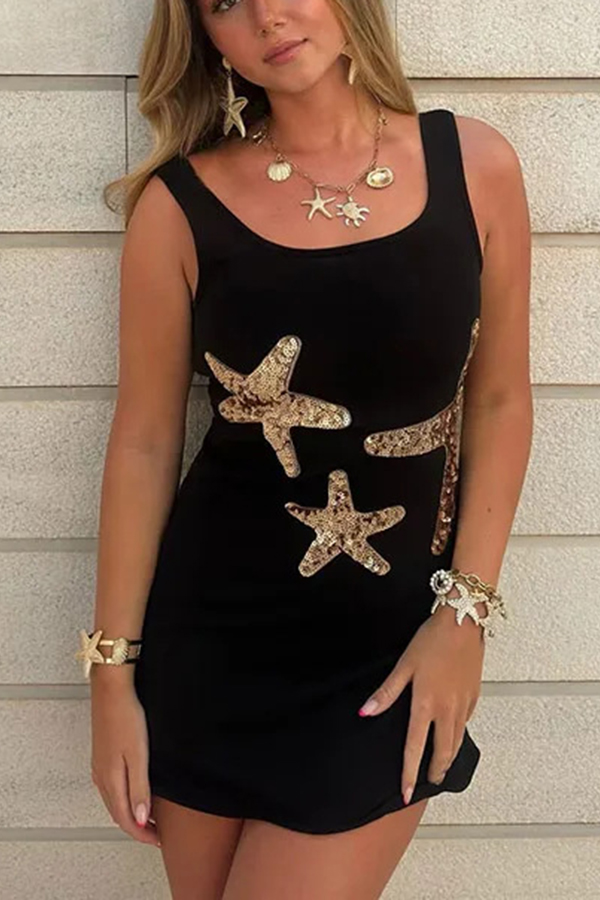 Beachside Dreams Starfish Sequin Wave Hem Stretch Tank Mini Dress-consonak