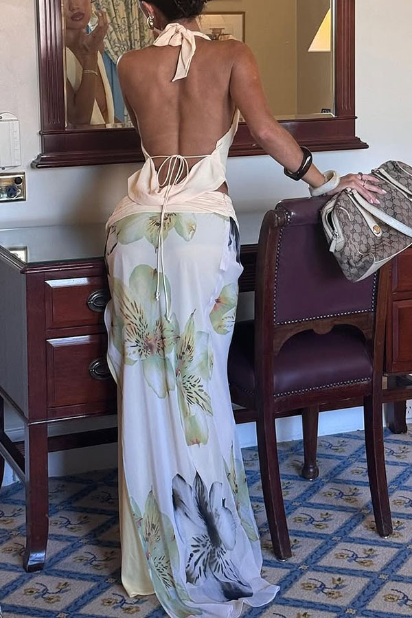 Beautiful Statement Cowl Neck Halter Tank and Floral Ruched Waist Slit Maxi Skirt Set | Consonak