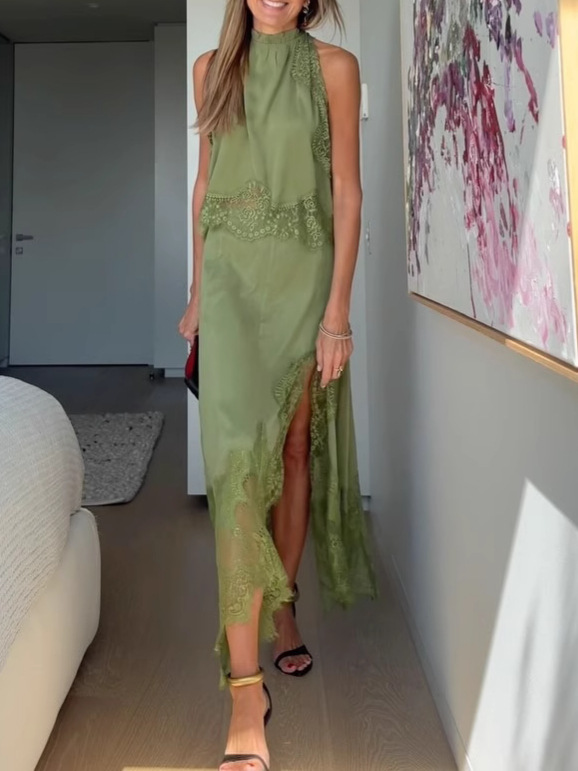 Modern Muse Satin Lace Trim Pleated Neck Top and A-line Irregular Slit Skirt Set | Consonak