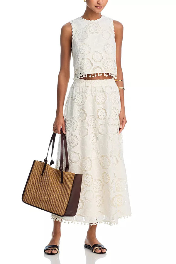 Nice Try Embroidered Crochet Lace Tassle Trim Elastic Waist Midi Skirt | Consonak