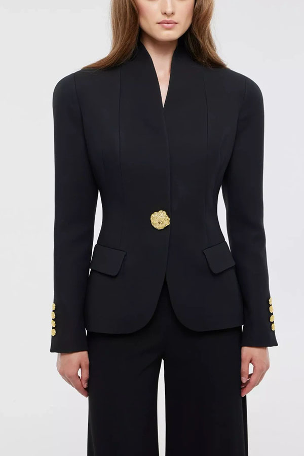 Classic Luxury Unique Metal Button Stand Collar Long Sleeve Jacket-consonak