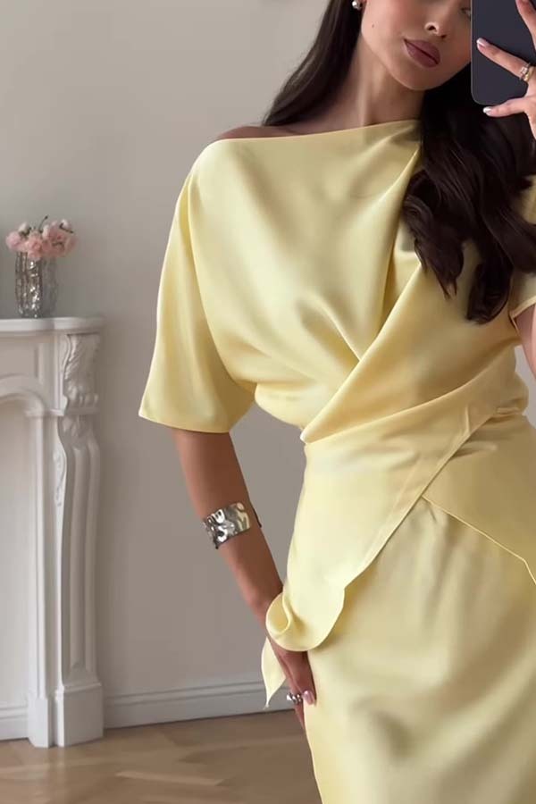 Secret of Elegance Satin Slit Back Lace-up Top and Elastic Waist Flare Maxi Skirt Set