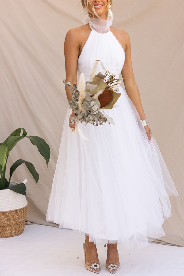 Fairy Vibes Tulle Gathered Detail Halter Maxi Dress-consonak