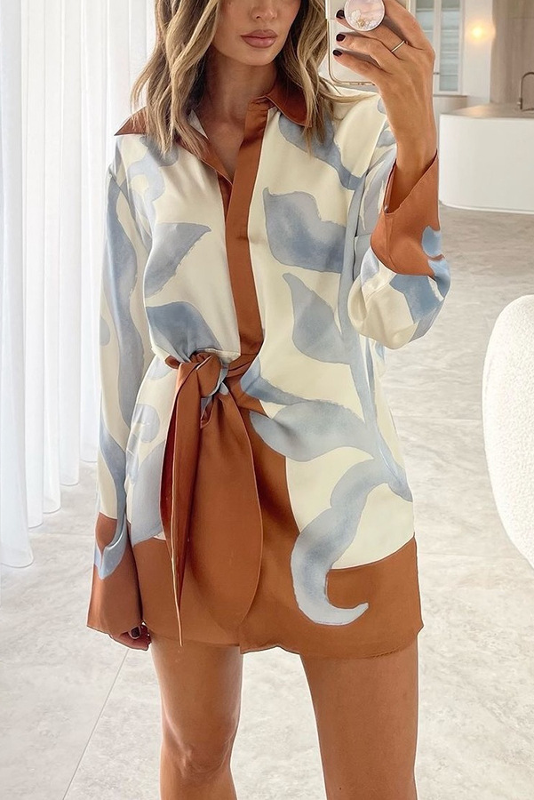 Lake Days Satin Colorblock Unique Print Tie-up Shirt Mini Dress | Consonak