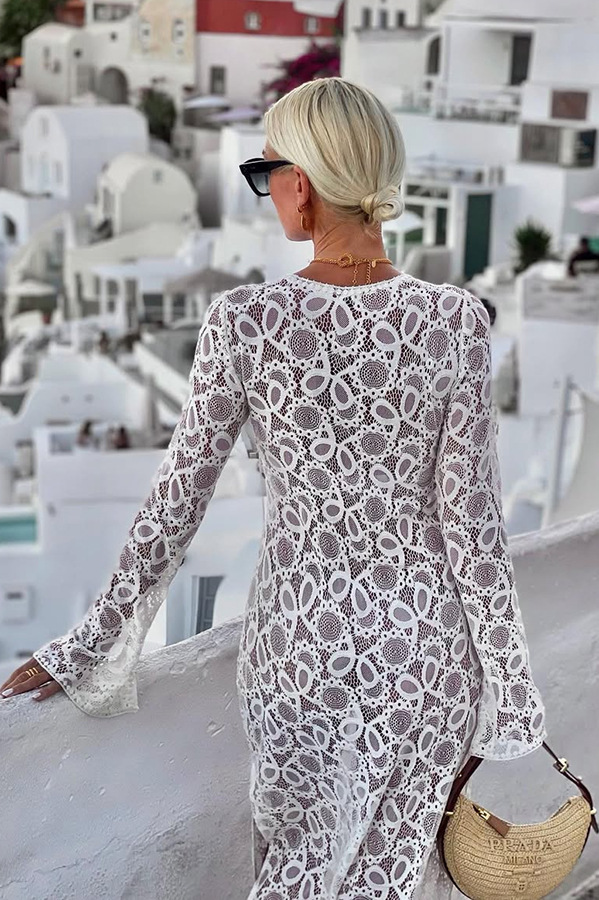 Women's Lace Lace White Lucky Flower Dress Long, Long Sleeve Sheer Tie INS Loose Holiday Split Dresses-consonak