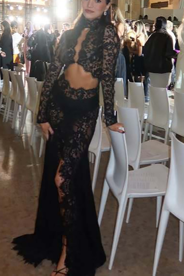 Dark Night Charm Sheer Lace Cutout Long Sleeve Stretch Maxi Dress-consonak