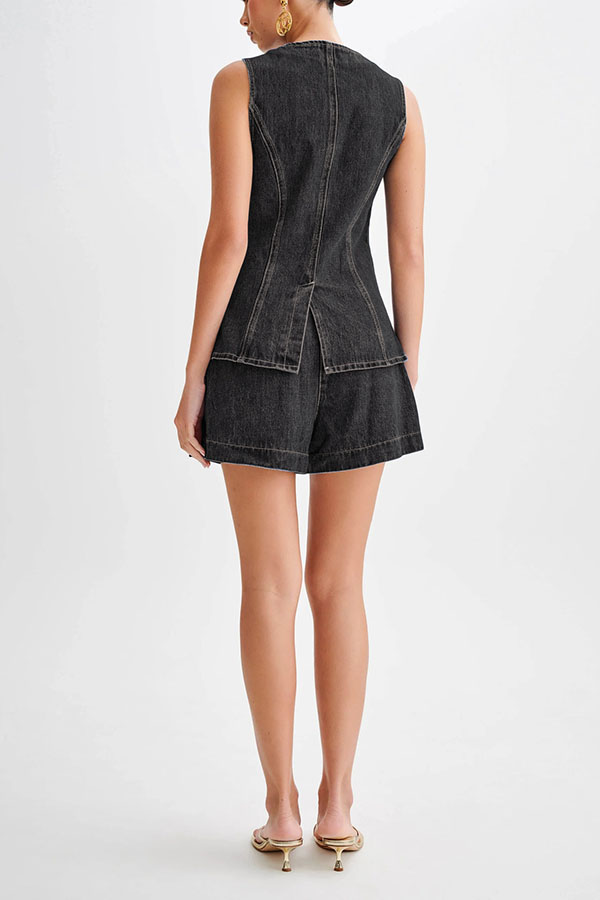 Abel Denim Button Up Princess Seams Pocket Vest Top | Consonak