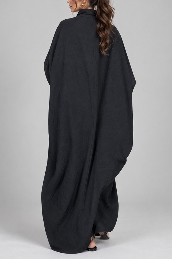 Women Navy Blue Oversized Kaftan Maxi Dress Stand Collar Long Sleeve Flowy Robe