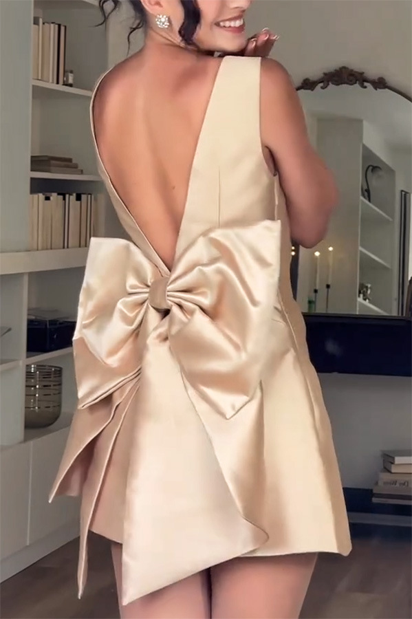 Mini waist cinching sexy satin oversized bow detail square neck mini dress-consonak
