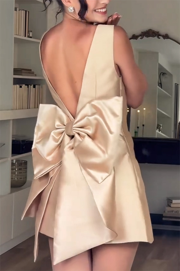 Mini waist cinching sexy satin oversized bow detail square neck mini dress-consonak