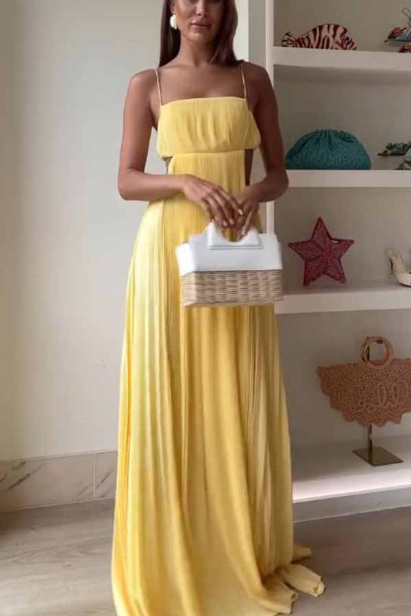 Butter Moment Pleated Cutout Waist A-line Slip Maxi Dress-consonak