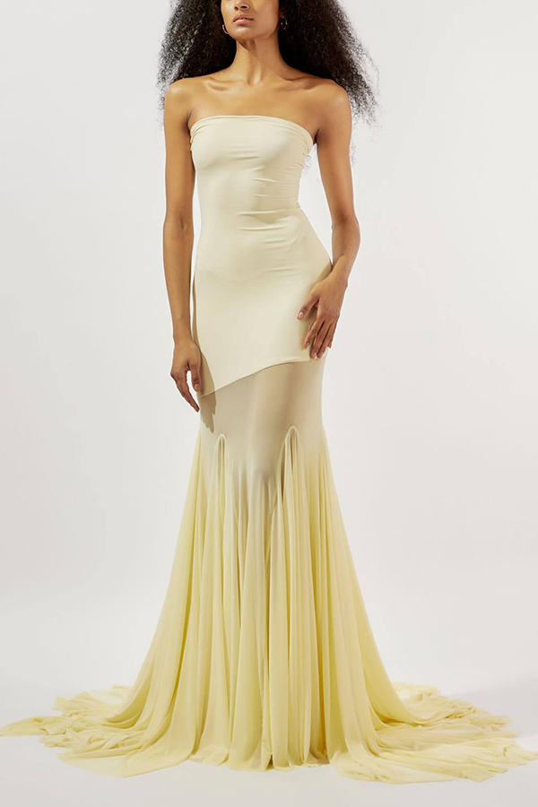 Solid Color Sleeveless Off-shoulder Mesh-paneled Fitted Maxi Dress | Consonak