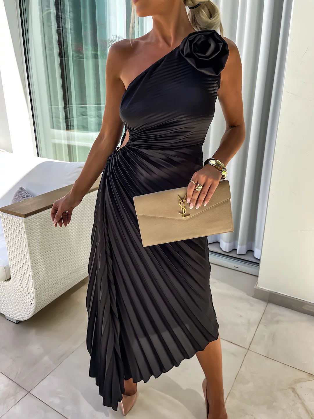 Romantic Nights Satin Raised Flower Elastic Cutout One Shoulder Pleated Maxi Dress-consonak