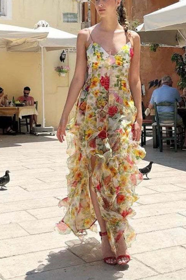 Millie | Floral Ruffle Long Skirt Women's Fashion Chiffon Printed Fairy Style Long Style Evening Dress Coupon-consonak