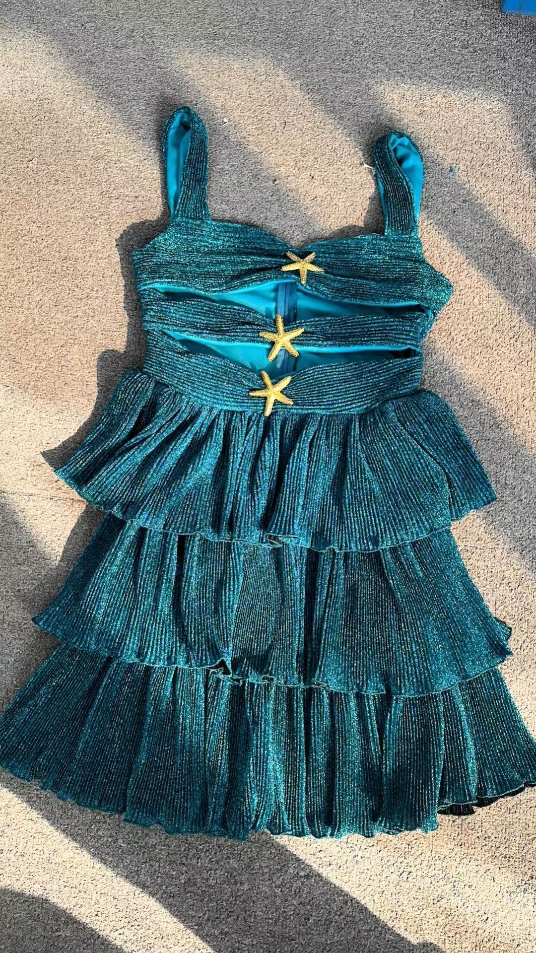 Little Mermaid Glitter Fabric Metal Starfish Hollow Layered Stretch One-piece Swimsuit-consonak